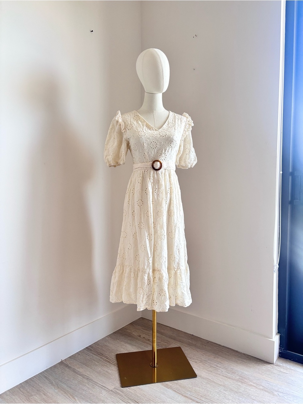 Cream Eyelet Midi Dress with Belted Waist - Picture 1 of 7